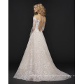 Lower Back off-The-Shoulder Long Sleeve Detail with Illusion Bateau Neckline Front Wedding Dress with Full Floral Skirt